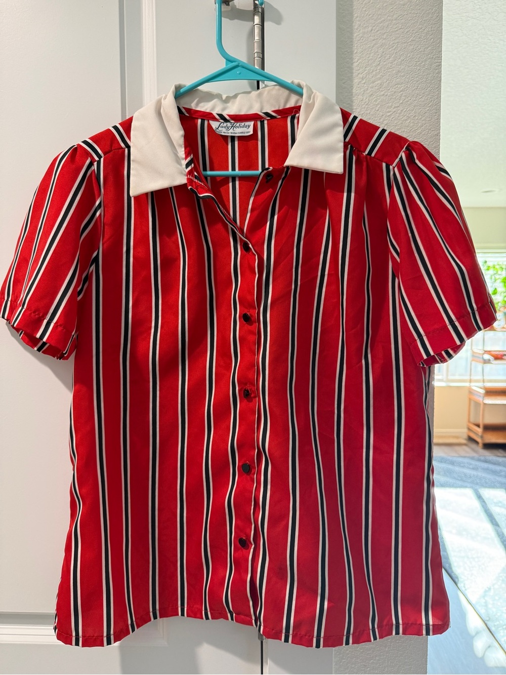 Vintage 1970’s- Lady Holiday Red Striped Button-Up Shirt with White Collar